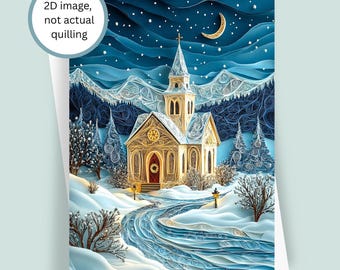 Capilla Quillish / Escena navideña invernal tranquila Tarjeta de felicitación con imitación de quilling, papel de carta navideño en blanco de 5x7