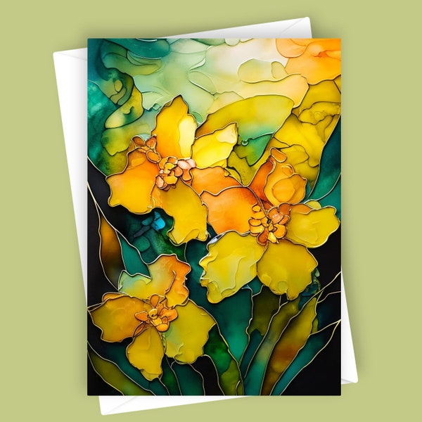 Fancy Daffodils | Yellow Floral Greeting Card, 5x7 Blank Nature Stationery