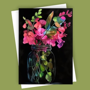 Petits pois fantaisie en bocal | Carte de voeux vierge 5 x 7, papeterie florale, carte de fleurs colorées, oeuvre d'art en pot Mason, carte de correspondance de fleurs, toutes les occasions