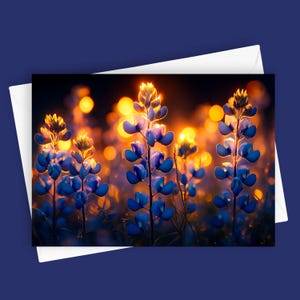Sunlit Bluebonnets | Cartão de felicitações em branco 5x7, papelaria floral vibrante, flores silvestres do Texas, presente exclusivo, arte botânica, amante da natureza, flor