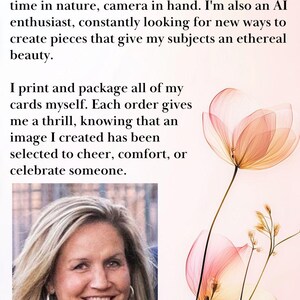 May include: Image with the text "About Me" and a photo of a smiling woman with blonde hair. The text describes her as an AI enthusiast who enjoys nature and creates art. Delicate pink and orange floral illustrations are also featured.