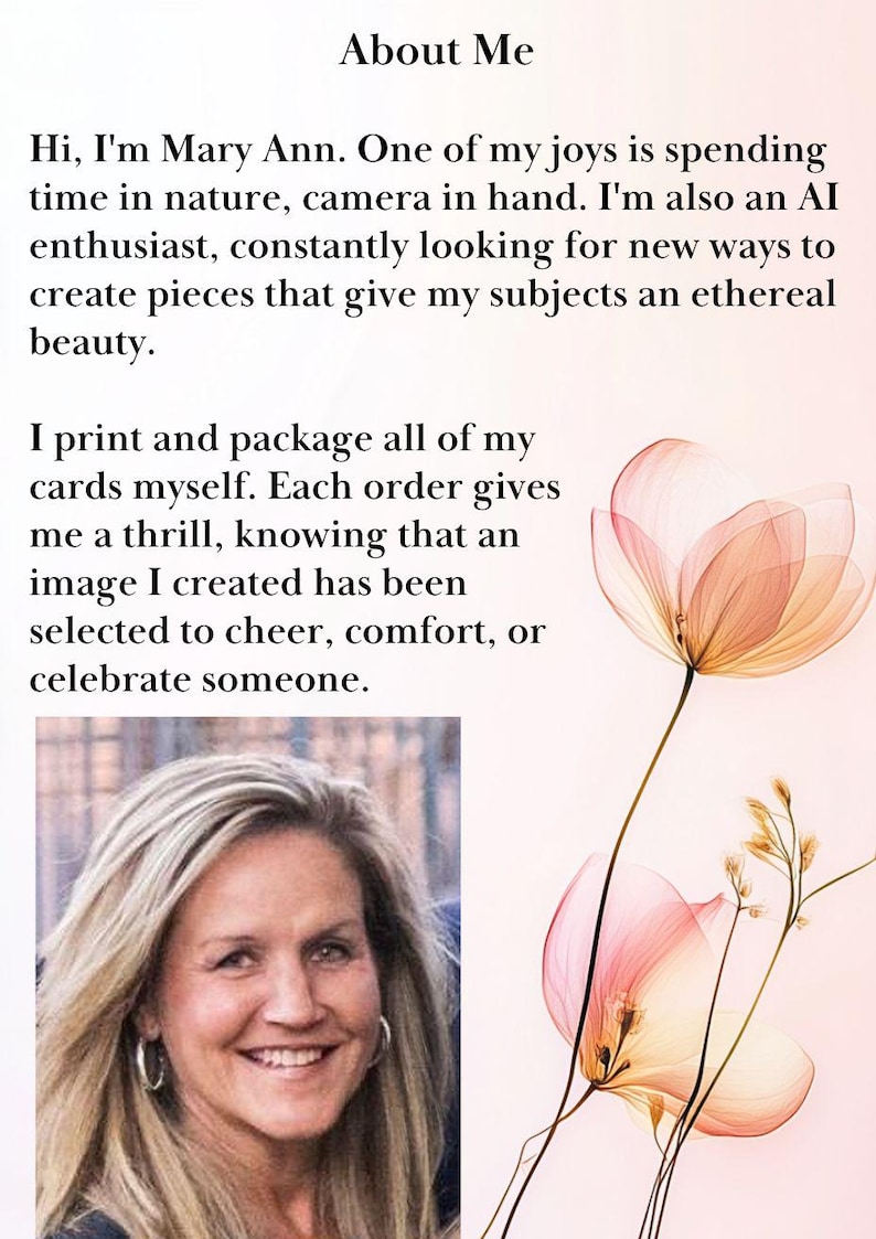 May include: Image with the text "About Me" and a photo of a smiling woman with blonde hair. The text describes her as an AI enthusiast who enjoys nature and creates art. Delicate pink and orange floral illustrations are also featured.