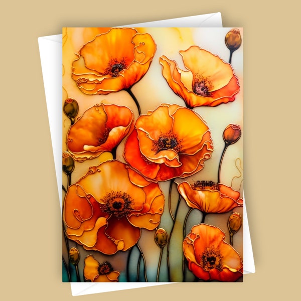 Fancy Poppies | Orange Floral Card, Blank 5x7 Stationery