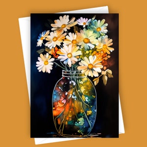 Tarjeta de felicitación en blanco de 5 x 7 con margaritas elegantes en un frasco, papelería floral, tarjeta con arte de acuarela, tarjeta con flores de margaritas, tarjeta para cualquier ocasión, interior en blanco