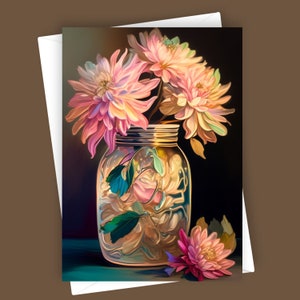 Dahlias fantaisie dans un bocal | Carte de voeux vierge 5 x 7, papeterie florale, carte de fleurs, art dahlia, conception de pot Mason, carte toutes occasions, carte de correspondance