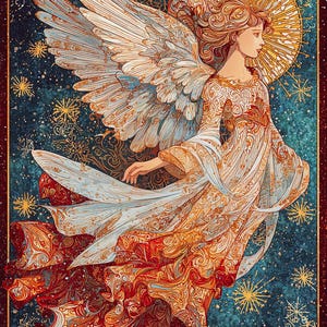 May include: An illustration of an angel with large, detailed wings and a flowing gown. The angel is depicted in profile, with a halo behind the head. The color palette includes shades of white, gold, red, and blue, with a starry background.
