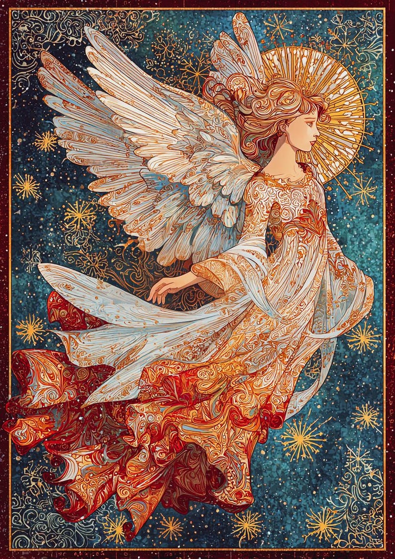 May include: An illustration of an angel with large, detailed wings and a flowing gown. The angel is depicted in profile, with a halo behind the head. The color palette includes shades of white, gold, red, and blue, with a starry background.