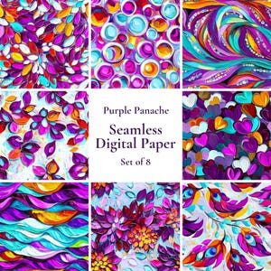 Op de afbeelding: Een verzameling van acht naadloze digitale papierontwerpen met abstracte patronen. Het kleurenpalet wordt gedomineerd door paarse tinten, met accenten van blauw, geel en wit. De tekst "Purple Panache Seamless Digital Paper Set of 8" wordt weergegeven.