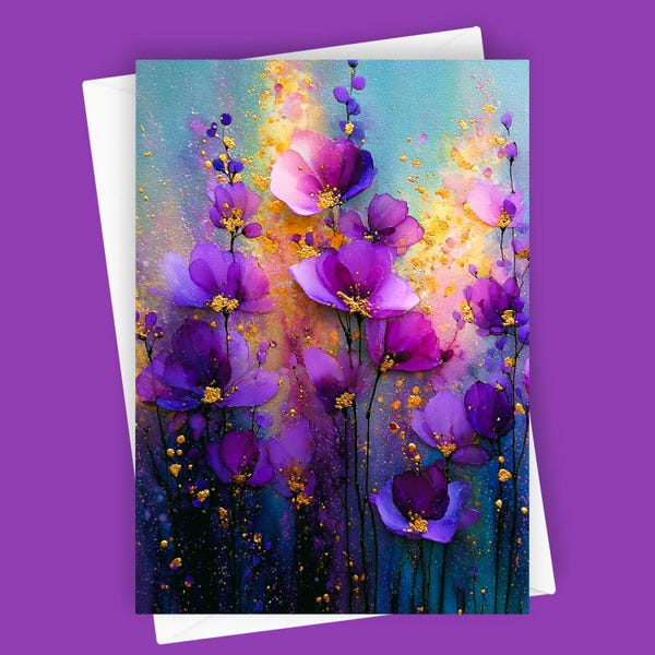 Violet Whispers | Purple Abstract Floral Greeting Card, Blank 5x7 Nature Stationery