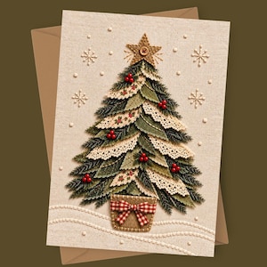 May include: A greeting card featuring a textured beige background with a central Christmas tree made of layered green fabric leaves, cream-colored lace trim, and small red berries. A brown star with a button sits atop the tree, which rests in a burlap pot with a red and white checkered bow. Embroidered snowflakes surround the tree.