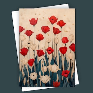 Jardin de tulipes vintage | Carte de voeux vierge 5 x 7, papeterie florale, art de la tulipe, fleurs rouges et blanches, carte toutes occasions, design floral élégant