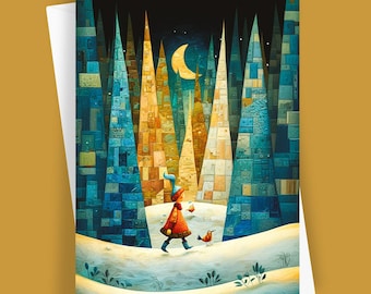 May include: A greeting card featuring a whimsical winter scene. A person in a red coat and blue hat walks through a snowy landscape, accompanied by a bird. The background shows stylized trees and a crescent moon.