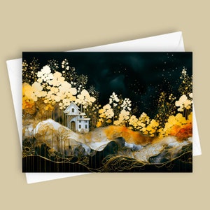 Tarjeta de felicitación en blanco de 5 x 7, papelería elegante, efecto de lámina dorada, casa en el bosque, tarjeta única, para toda ocasión, tarjeta artística, naturaleza