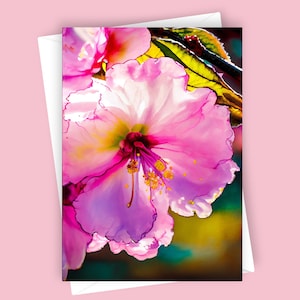 Fleurs de cerisier fantaisie | Carte de voeux vierge, Papeterie 5 x 7, Motif floral, Fleur printanière, Note polyvalente, Toutes occasions, Carte intemporelle, Rose