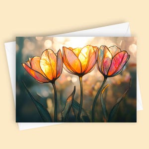 Tulipes en vitrail | Carte de voeux vierge 5 x 7, papeterie florale, carte de fleurs unique, motif tulipe, carte de correspondance élégante, carte toutes occasions