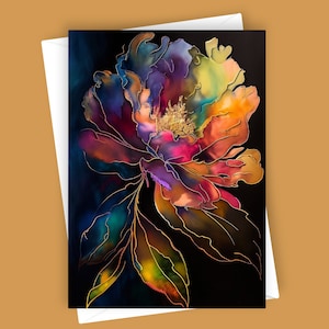 Tarjeta de felicitación Fancy Peony n.° 2 / Tarjeta de felicitación en blanco de 5 x 7, tarjeta con flores coloridas, papelería única, tarjeta floral artística, tarjeta para toda ocasión, peonía vibrante