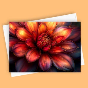 Dahlia ensoleillé | Carte de voeux vierge 5 x 7, papeterie florale, fleur de dahlia, art floral éclatant, carte de voeux unique, carte toutes occasions