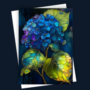 Hortensias fantaisie | Carte de voeux vierge 5 x 7, papeterie florale, fleur d'hortensia, motif botanique, carte polyvalente, design élégant, note florale