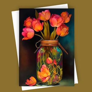Tulipes fantaisie en bocal | Carte vierge 5 x 7, papeterie florale vive, tulipe colorée, carte de voeux unique, floraison printanière, cadeau élégant
