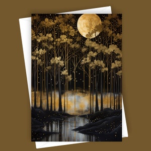 Forêt dorée | Carte de voeux vierge 5 x 7, forêt au clair de lune, arbres dorés, papeterie nature, élégant, art des bois, carte unique, toutes les occasions