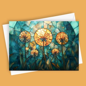 Alliums em Vitral | Cartão de Saudações em Branco 5x7, Papelaria Floral, Cartão com Flor de Allium, Cartão Azul-petróleo, Cartão de Arte, Cartão Inspirado na Natureza