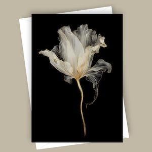 Vergulde witte tulp | Blanco wenskaart van 5 x 7, briefpapier met elegante bloemen, Tulip Art Card, zwart en goudontwerp, kaart voor alle gelegenheden, bloem