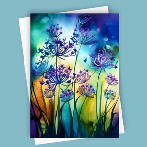 Champ d'alliums | Carte de voeux, Papeterie vierge 5 x 7, Design floral vif, Fleurs colorées, Papeterie nature, Carte de correspondance vierge, Jardin