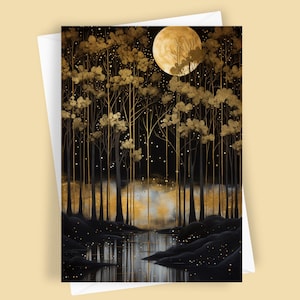 Gilded Forest | Full Moon Woodsy Landscape Card, 5x7 Blank Nature Stationery