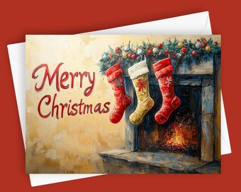 The Stockings Were Hung | Cozy Fireplace Scene Christmas Card, Blank Holiday Stationery