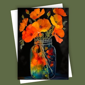 Coquelicots fantaisie en bocal | Carte de voeux vierge 5 x 7, papeterie florale, art fleur de pavot, carte toutes occasions, fleurs vives, design de carte unique