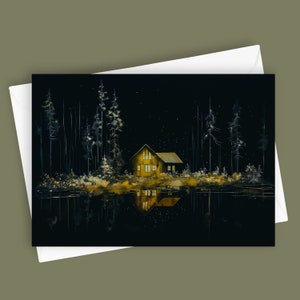 Cabane dorée | Carte de voeux vierge 5 x 7, papeterie nature, cabane dans les bois, carte nuit étoilée, lac réfléchissant, carte cabane rustique, papa