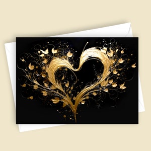 coeur doré | Carte de voeux vierge 5 x 7, papeterie élégante, motif coeur doré, occasion spéciale, geste romantique, carte unique
