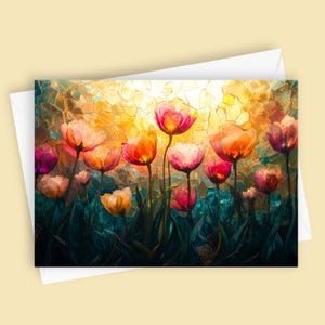 Knisterglas Tulpen | 13x18 Grußkarte, belebendes Blumen Briefpapier, buntes Tulpen Design, Kunstkarte, Natur Inspiriert, für alle Anlässe