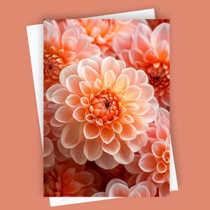 Dahlias pêche | Carte de voeux vierge 5 x 7, papeterie florale, carte de fleur de dahlia, carte florale élégante, carte toutes les occasions, art floral, blanc