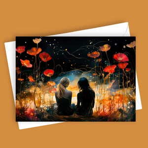 Amigos | Cartão de felicitações 5x7 em branco, Papelaria de amizade, Cartão exclusivo, Design de flor de papoula, Cena do pôr do sol, Em branco por dentro, Todas as ocasiões, Natureza