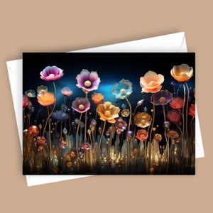 Vergoldeter Mitternachtsgarten | 13x18 Blanko Grußkarte, Elegantes Blumen Briefpapier, Luxuriöses Design, Nächtliche Blüten, Vielseitige Nachricht, Blumen