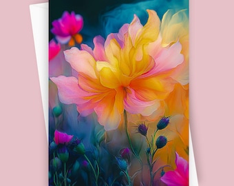 May include: Greeting card featuring a vibrant floral design. The artwork showcases a large, multi-layered flower in shades of yellow, orange, and pink, set against a backdrop of blue and green hues. Smaller pink flowers and buds are also visible.