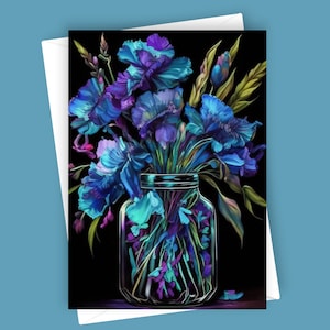 Iris fantaisie en bocal | Carte de voeux vierge classique 5 x 7, papeterie florale, illustration botanique, carte polyvalente, note pour toutes les occasions