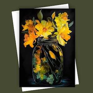 Jonquilles fantaisie dans un bocal | Carte de voeux vierge 5 x 7, papeterie florale, carte fleur jaune, carte de correspondance de printemps, art jonquille, pot de fleurs
