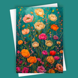 Flora | Cartão de felicitações 5x7 em branco, Papelaria floral colorida, Cartão de flores de jardim, Arte com flores vibrantes, Cartão botânico azul-petróleo, Cartão de papoula