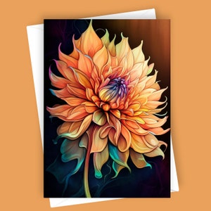 Tarjeta de felicitación en blanco con dalia elegante n.° 3, papelería de 5 x 7, tarjeta floral, flor de dalia, tarjeta para cualquier ocasión, interior en blanco, tarjeta de felicitación botánica