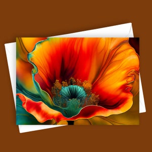 Coquelicot fantaisie de près | Carte de voeux vierge 5 x 7, papeterie fleurs vives, carte florale colorée, motif coquelicot unique, intérieur vierge, nature