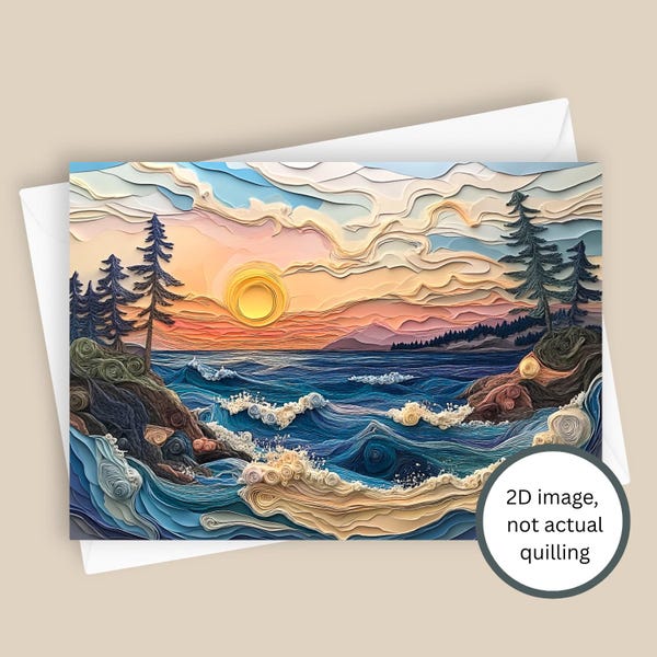 Quillish Coastline | Waves, Cliffs, and Sunset FAUX Quilling Greeting Card, Blank 5x7 Nature Stationery