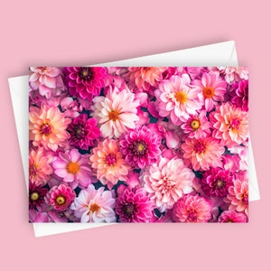 Dalias / Tarjeta de felicitación en blanco de 5 x 7, papelería floral, tarjeta con flores rosas, tarjeta con notas de dalia, tarjeta para cualquier ocasión, tarjeta con arte floral, amantes de la naturaleza