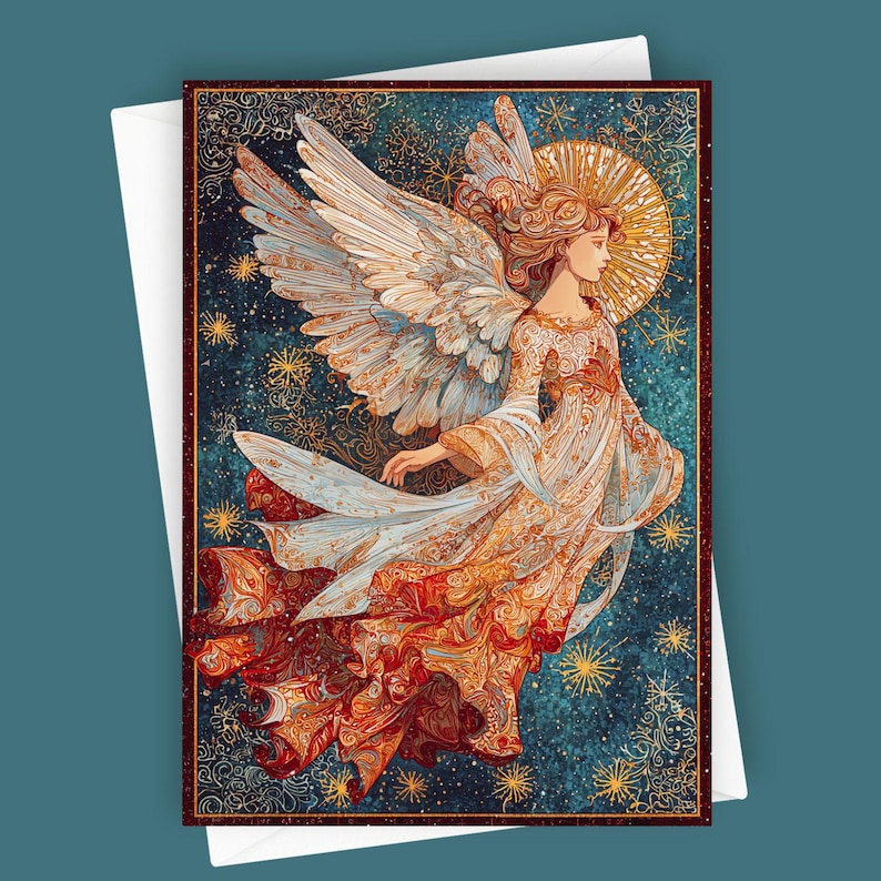 May include: Greeting card featuring an illustration of an angel with large white and light blue wings, wearing a flowing gown in shades of orange, gold, and white. The background is a dark blue with gold stars and a golden halo. The card is inside a white envelope.