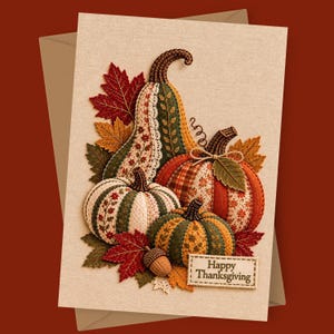May include: A greeting card featuring a fabric-textured illustration of four pumpkins in shades of green, orange, and cream, accented with autumn leaves and an acorn. A rectangular label at the bottom displays the text Happy Thanksgiving.