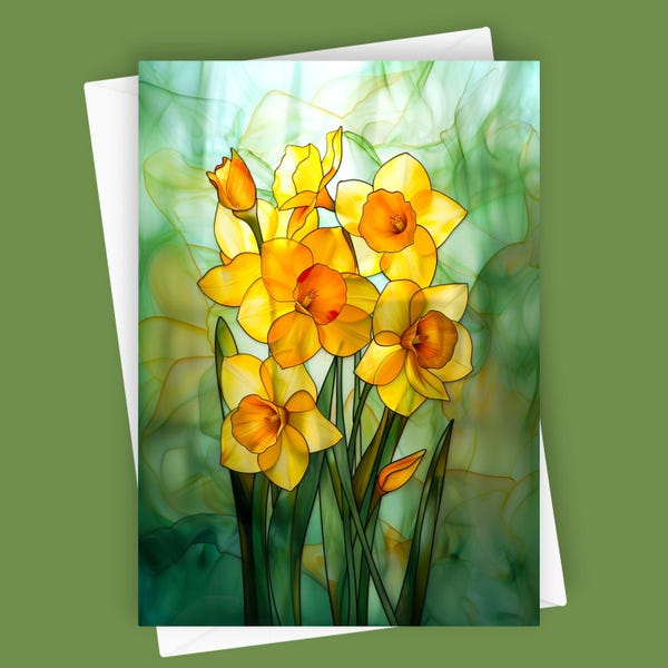 Stained Glass Daffodils | Yellow Floral Greeting Card, 5x7 Blank Spring Stationery