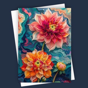 Dahlia arc-en-ciel | Carte de voeux vierge Dahlia 5 x 7, papeterie florale colorée, art floral, fleurs vives, design floral unique, toutes les occasions