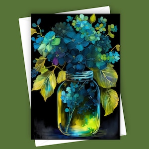 Hortensias fantaisie dans un bocal | Carte de voeux vierge 5 x 7, papeterie florale, art de l'hortensia, carte de fleurs, carte toutes les occasions, design unique, flore