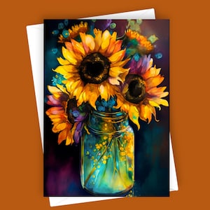 Tournesols fantaisie en bocal | Carte de voeux vierge 5 x 7, papeterie tournesol, carte florale, carte d'anniversaire, carte de remerciement, carte toutes occasions